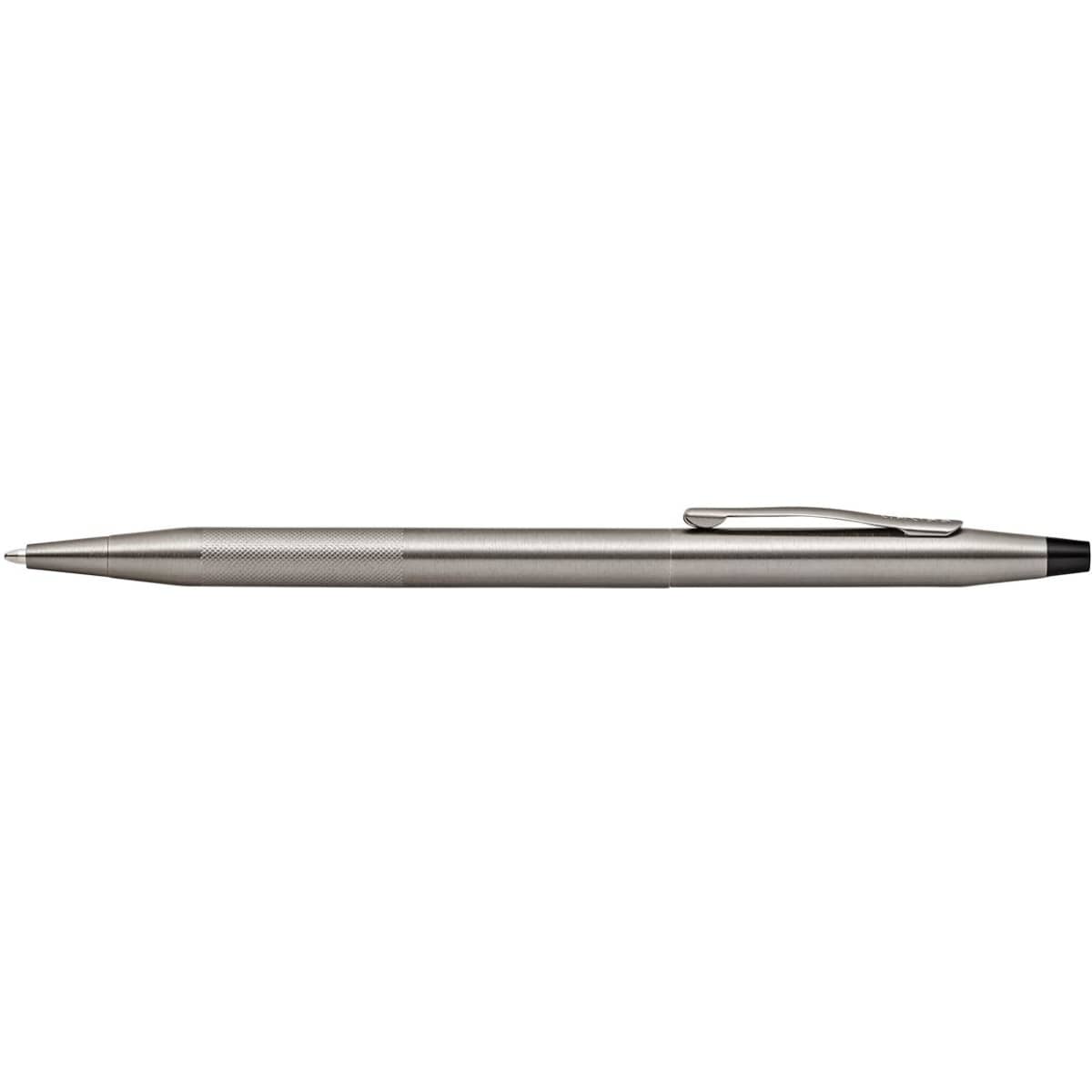 A ballpoint pen in titanium grey with a micro knurl grip and a clip for easy carrying. It features a logo.