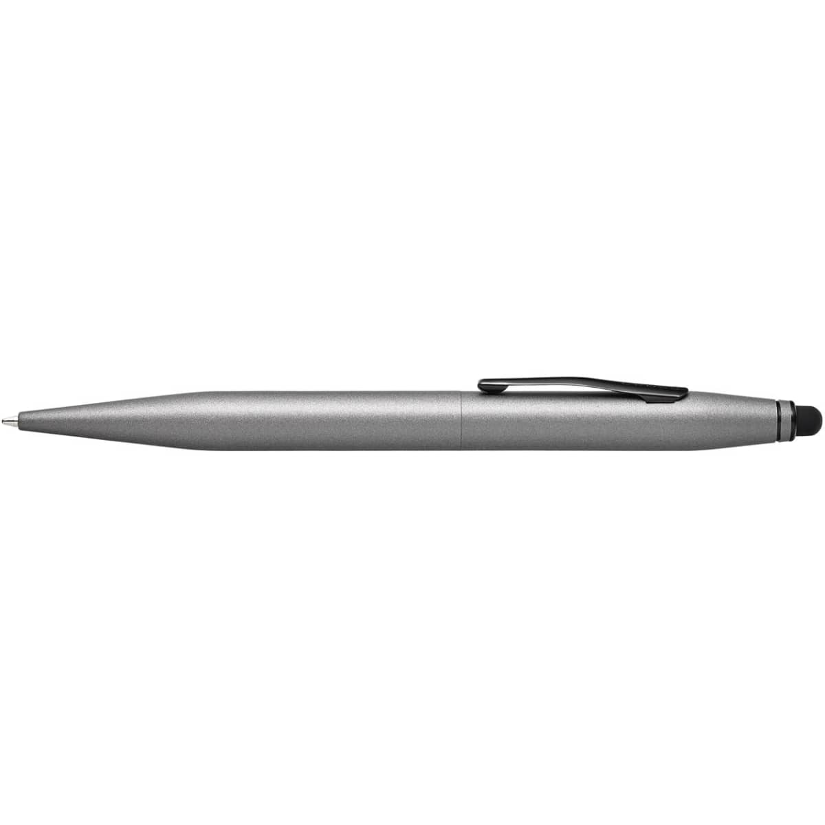 A pen in titanium grey lacquer with a black PVD clip, featuring a sleek design and a branded logo.