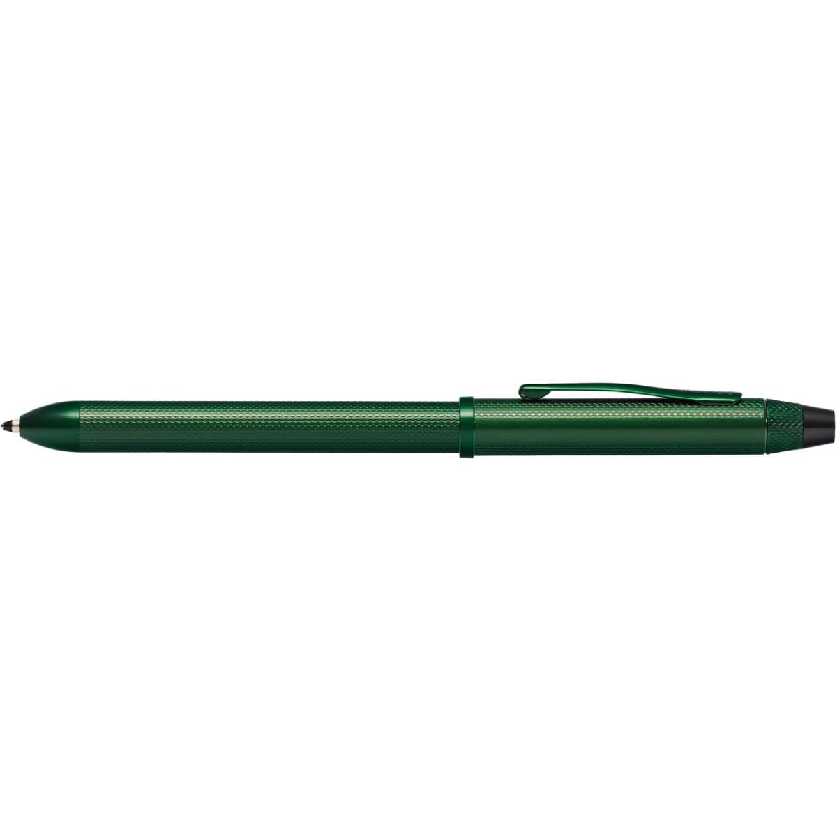 A green multifunction pen with a textured grip and a stylus tip. The pen features a clip and a logo.