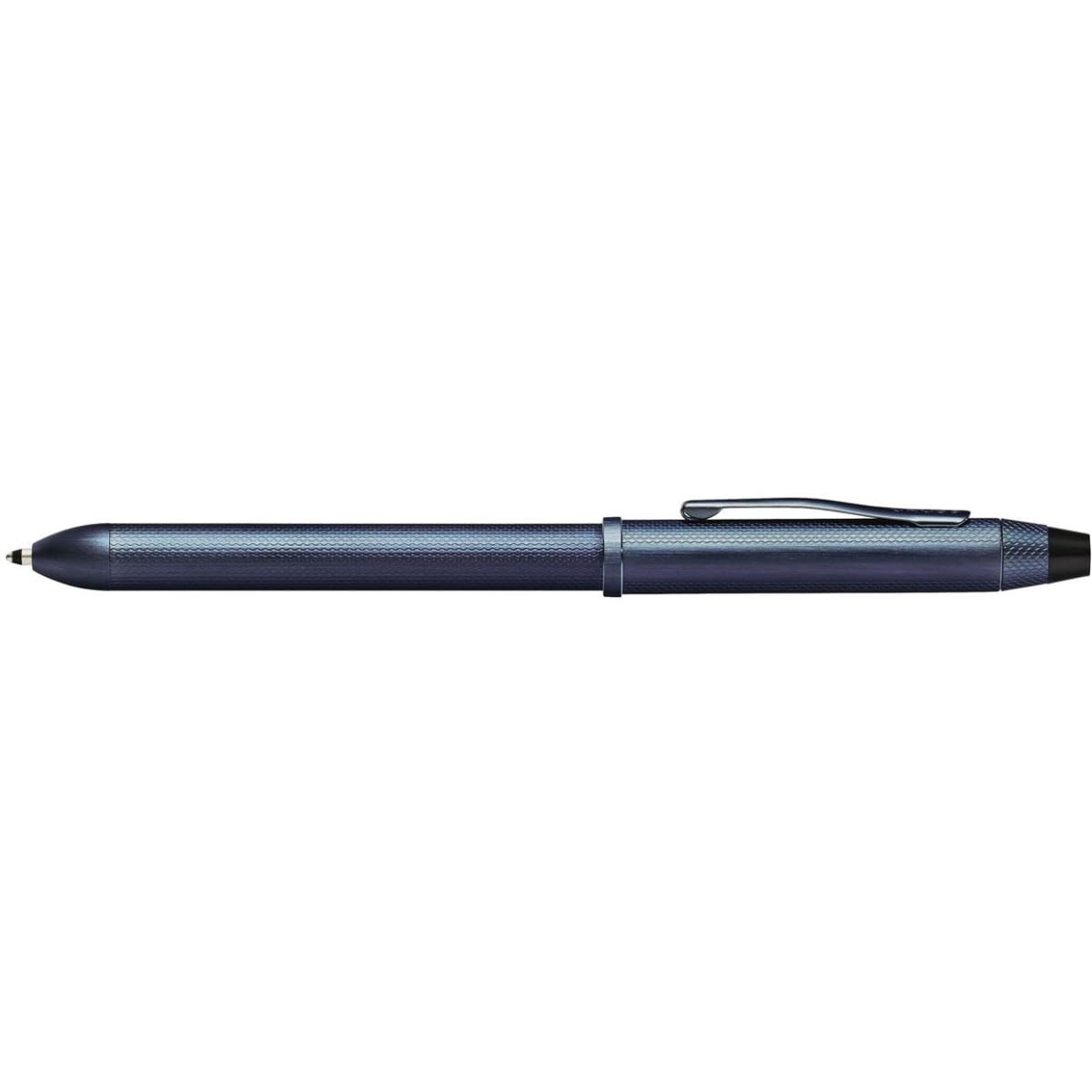A dark blue multi-function pen with a stylus and a silver clip, featuring a textured grip and a branding logo.