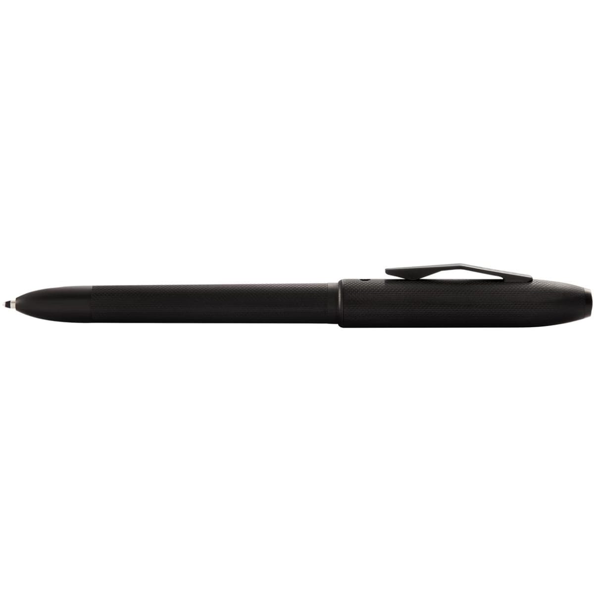 A black multi-function pen with a textured grip and an eraser. It features a clip and has a sleek design.