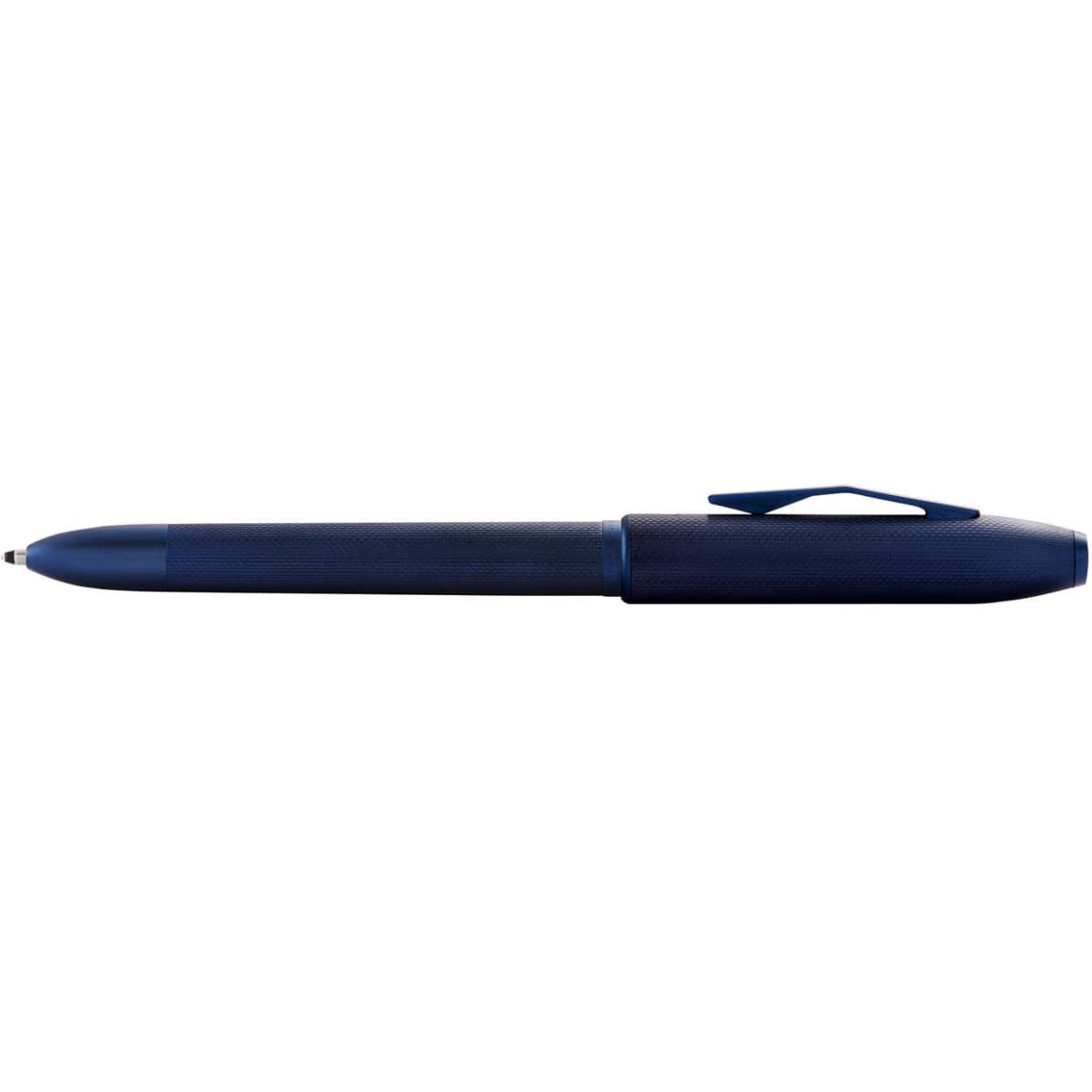 A blue multi-function pen with an eraser, featuring a textured barrel and a clip for attachment, with a logo.