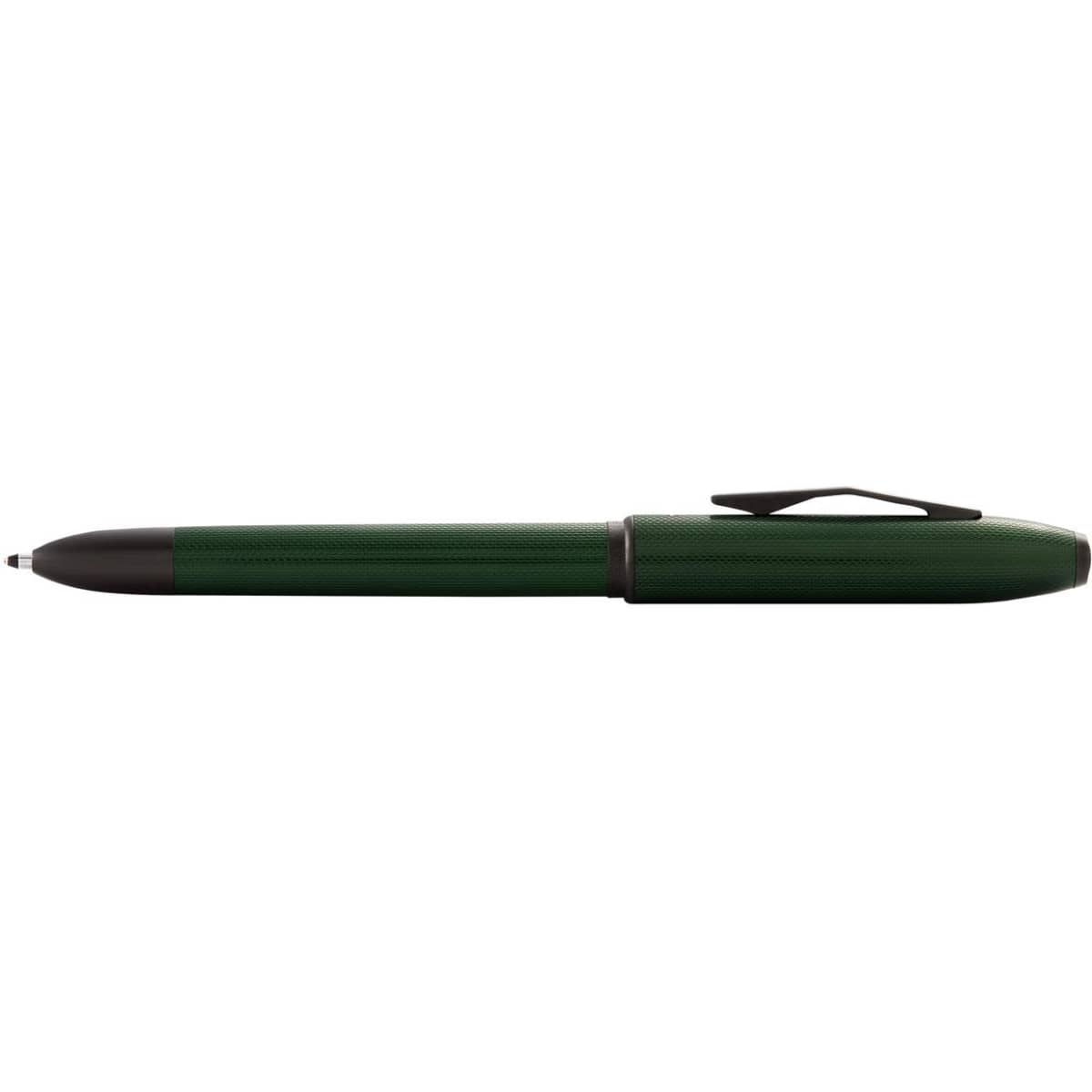 A green multi-function pen with an eraser, featuring a textured grip and a black clip. It has a logo.