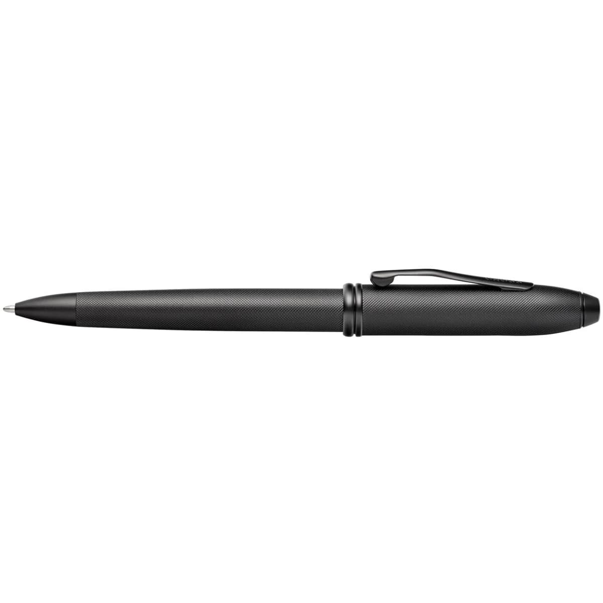 A black micro knurl pen with a sleek design and a textured grip, featuring a clip and details in black PVD.
