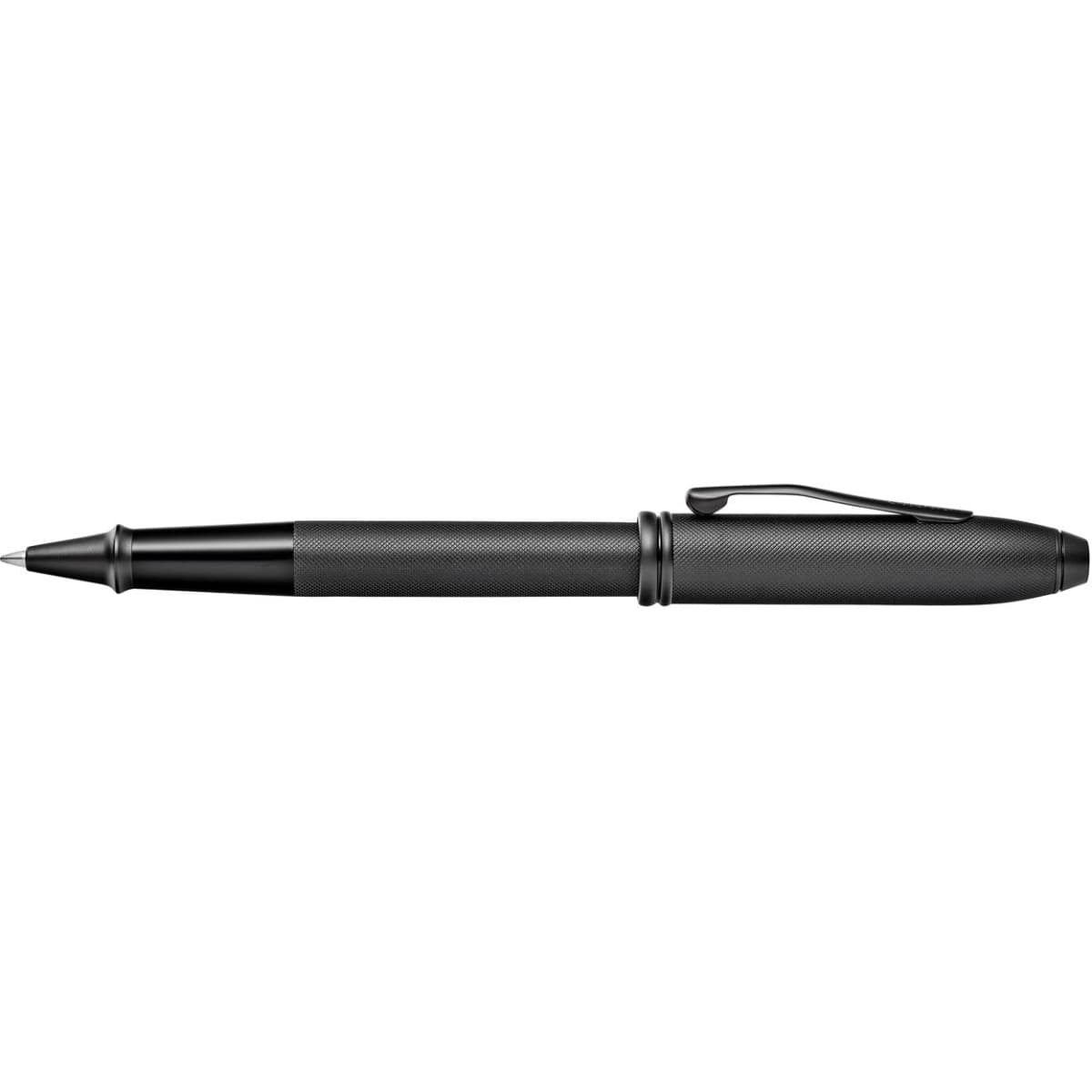 A sleek black pen featuring a micro knurl design and a black PVD finish, complete with a clip and branding.