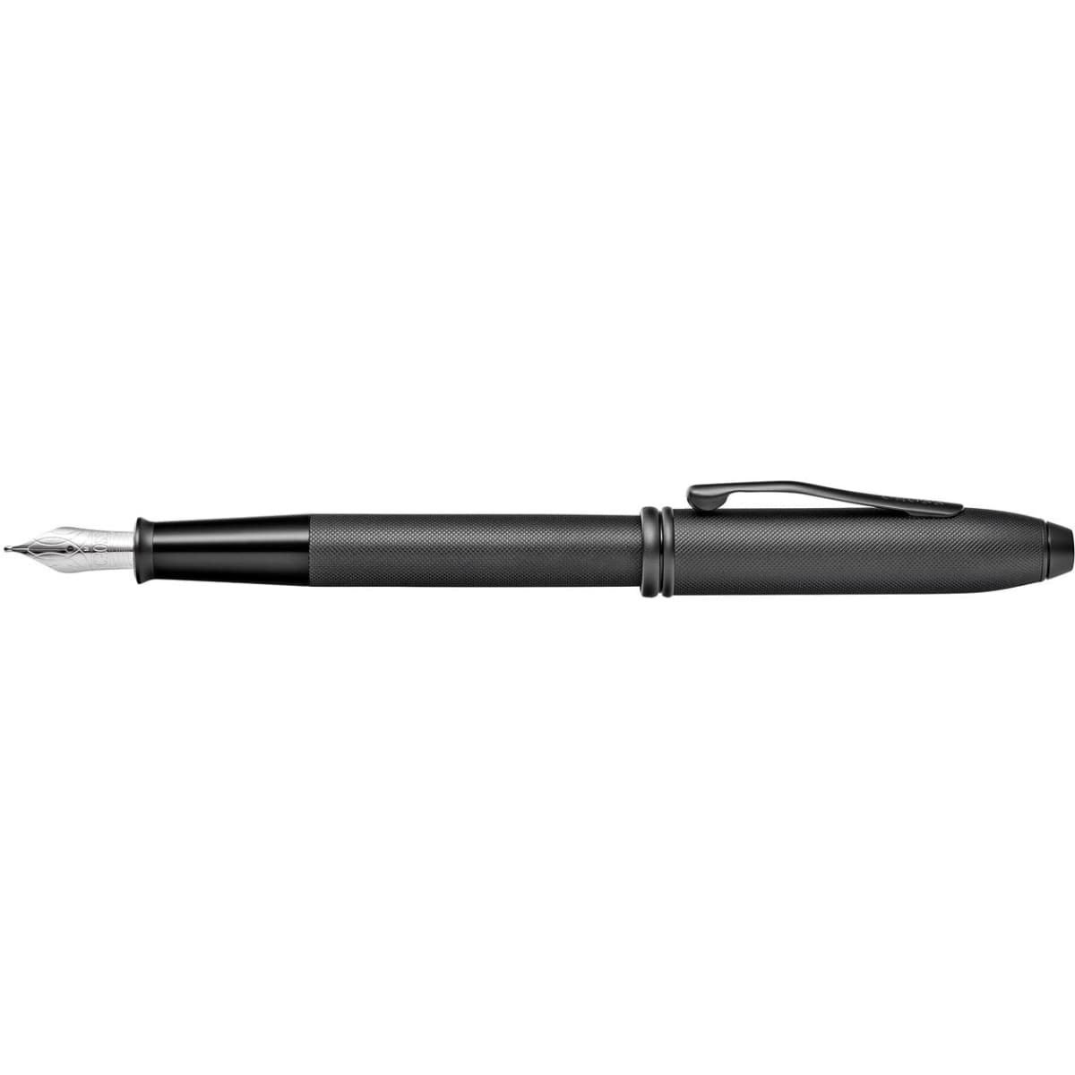 A black fountain pen with a textured grip and a silver nib, featuring a clip and branding.