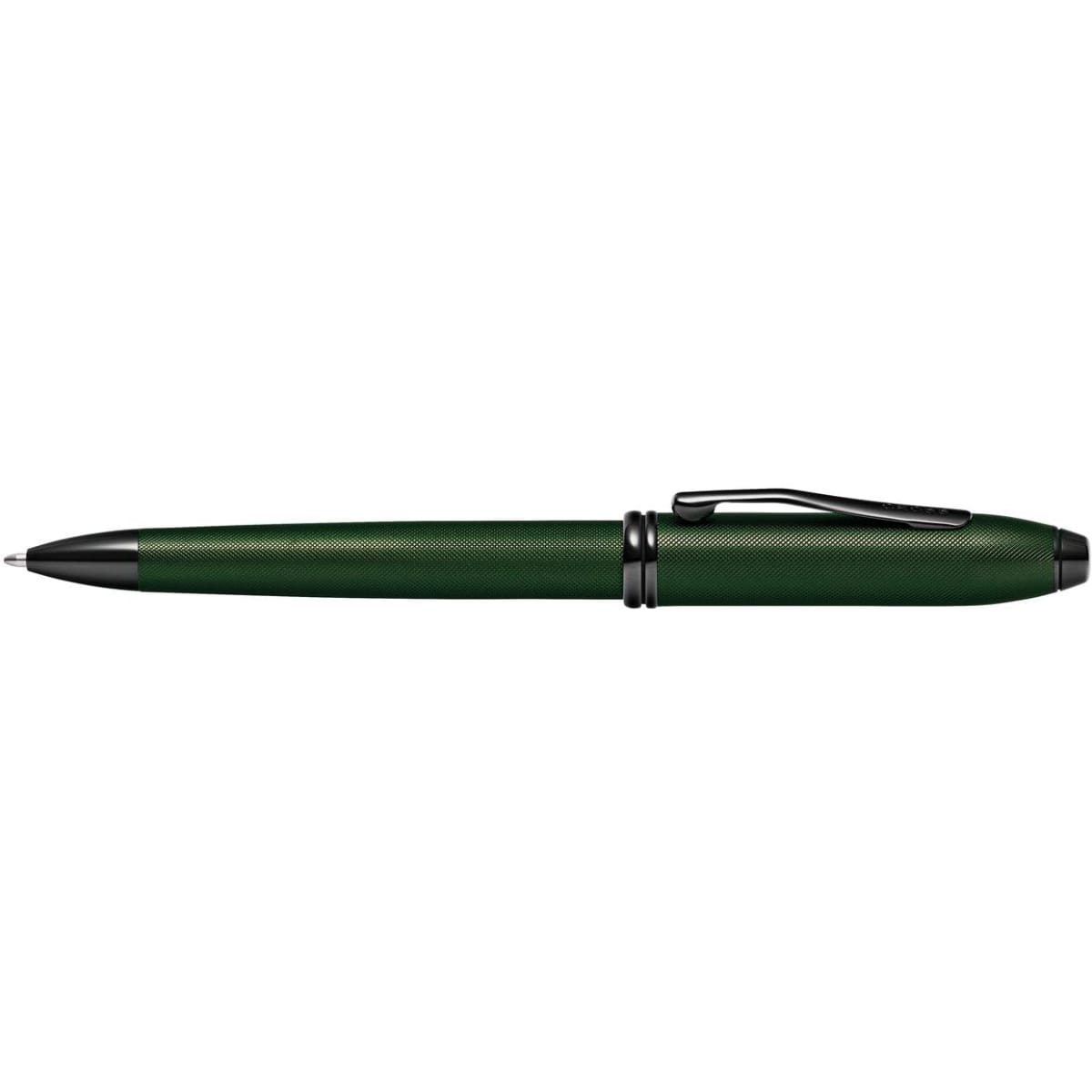 A pen featuring a matte green finish with micro knurl texture and black PVD accents. It has a branding logo.