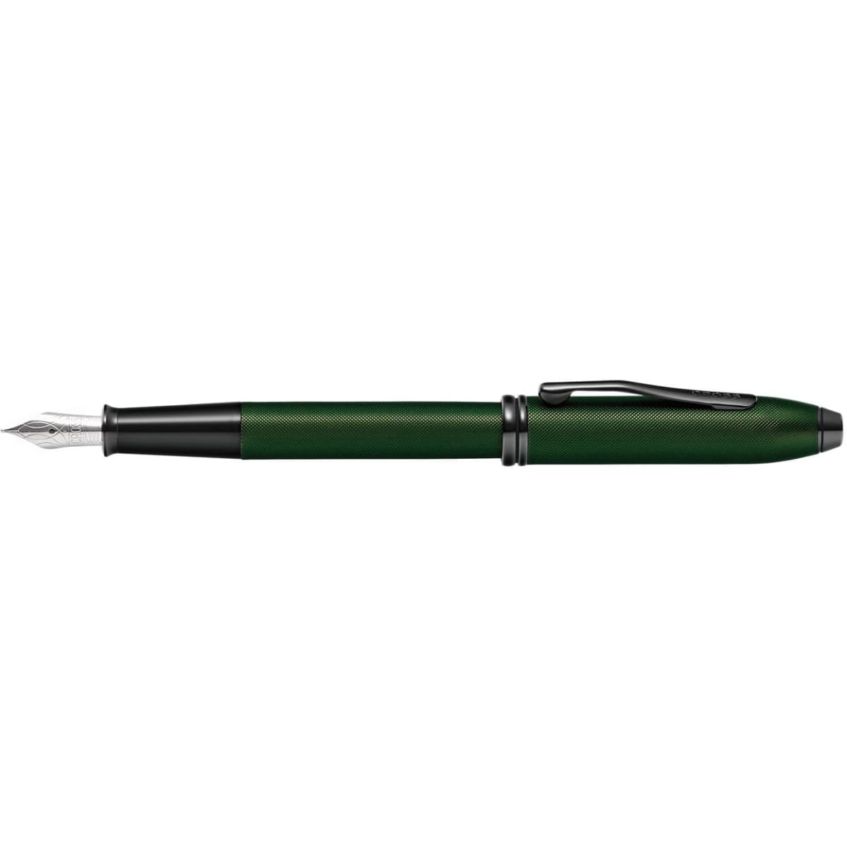 A fountain pen in matt green with micro knurl detailing and black PVD accents, featuring a clip and branded logo.