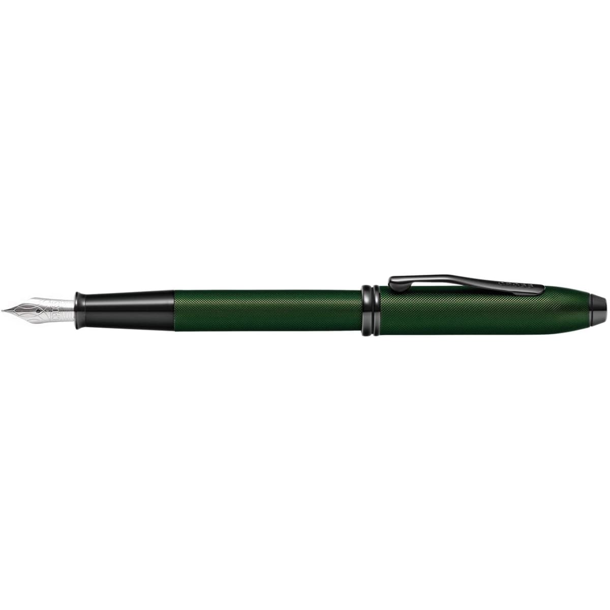 A fountain pen in matt green with a micro knurl texture and black PVD accents, featuring a silver nib and clip.