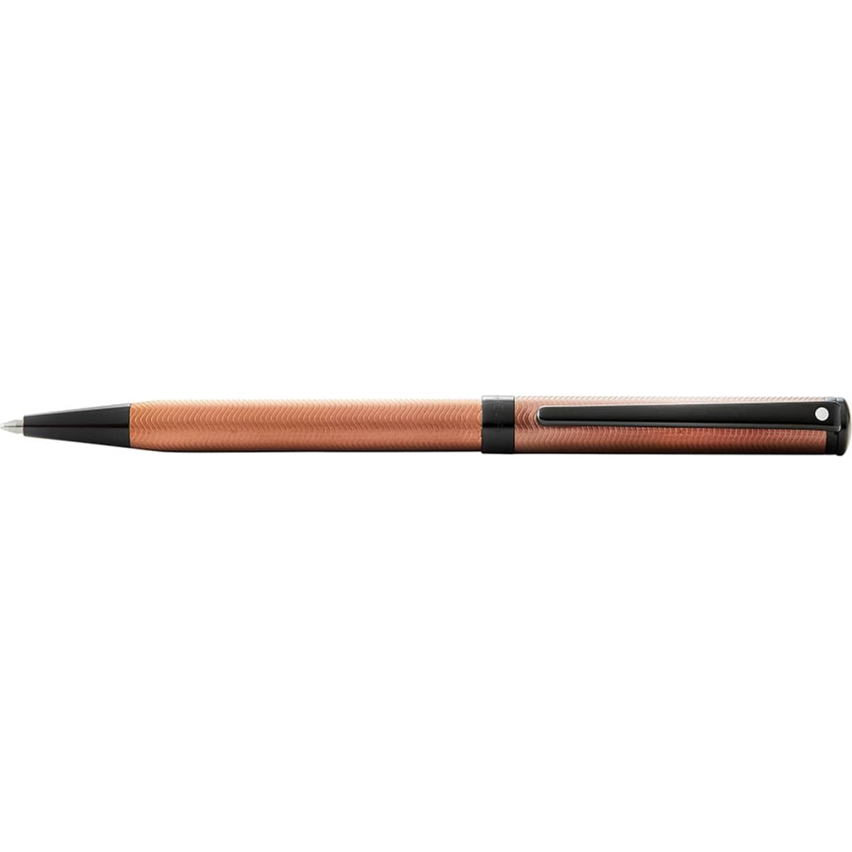 A ballpoint pen with a bronze textured body and black trim, featuring a logo on the side.