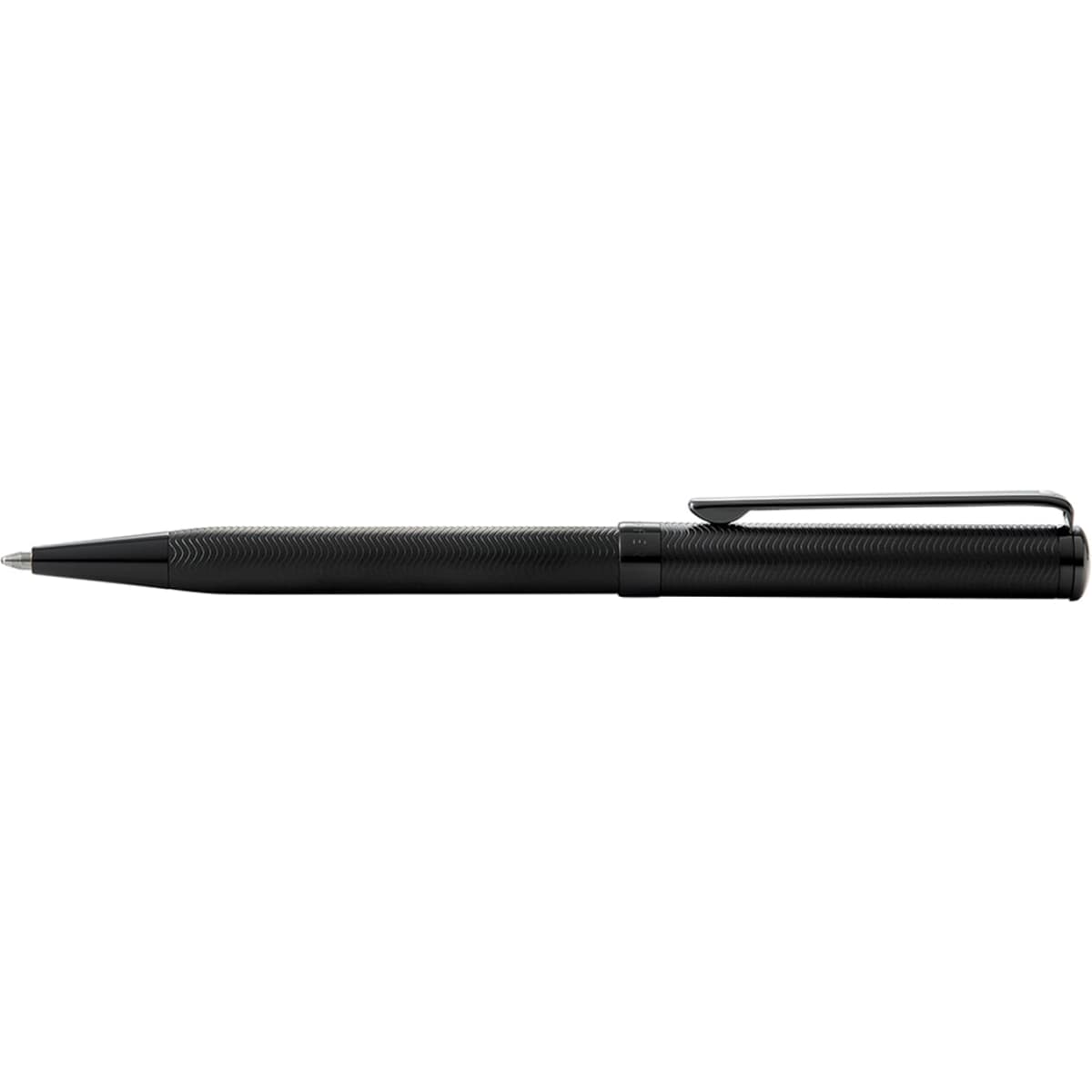 A black pen with a textured grip and silver clip, featuring a sleek, modern design. It has a logo on the body.