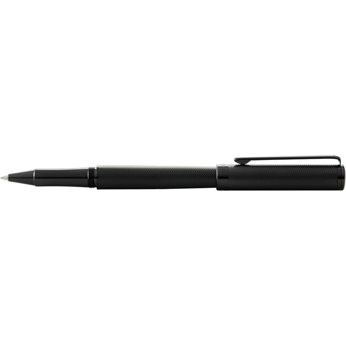 A rollerball pen with a black barrel and black trim, featuring a textured grip and a clip.