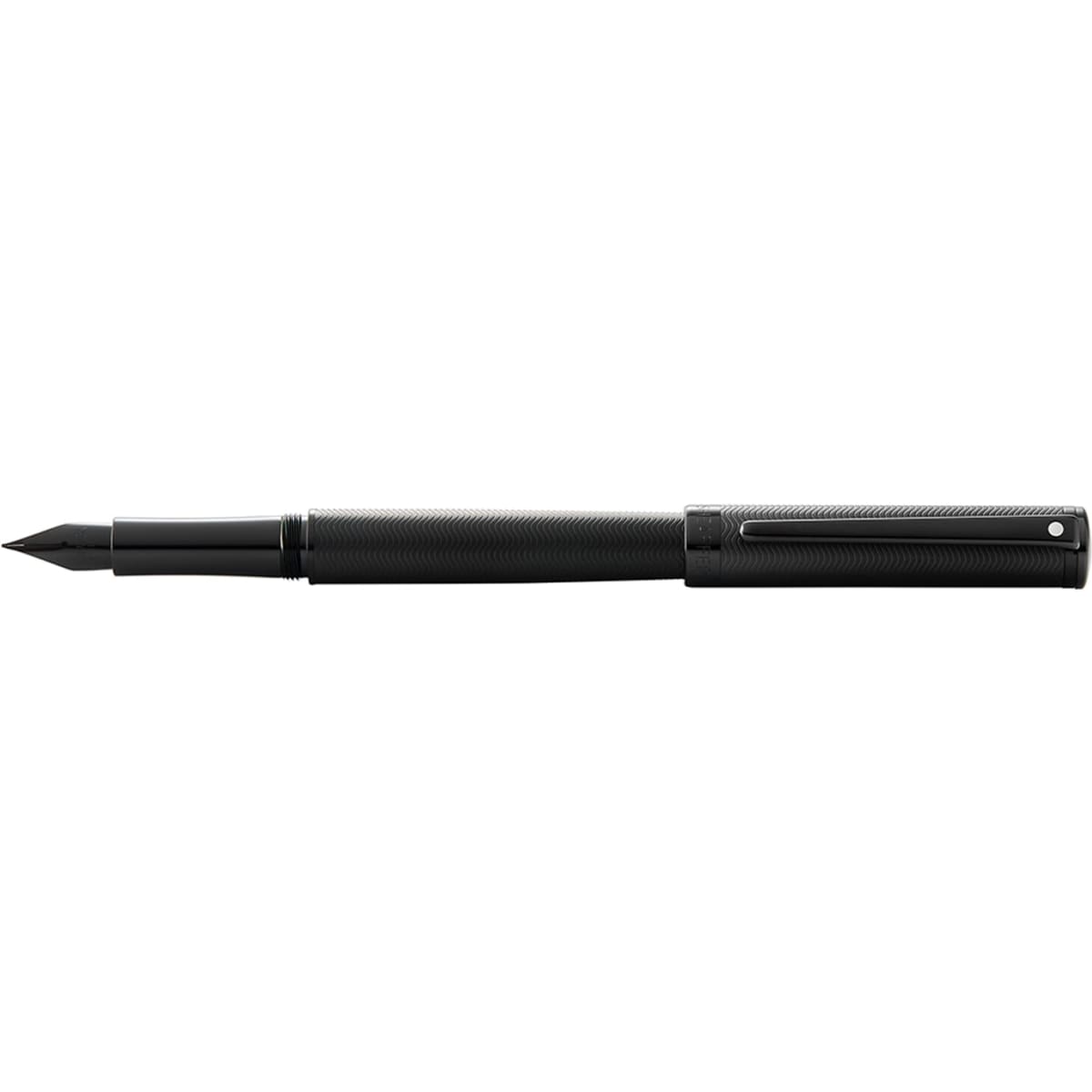 A fountain pen with an engraved black finish and black trim. Features a nib for writing. Contains a logo.