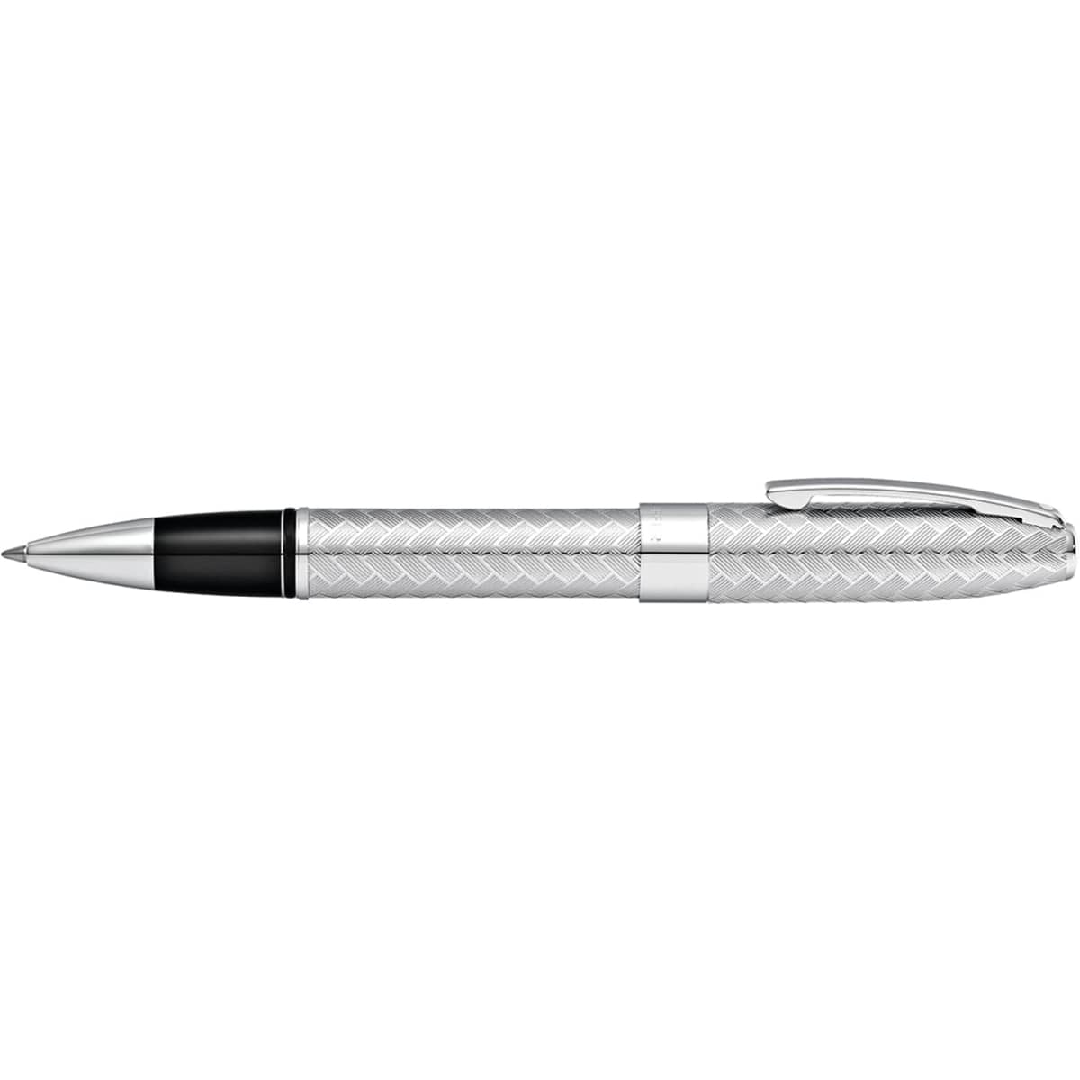 A silver pen with a chevron pattern featuring a black tip and clip, alongside a simple logo.