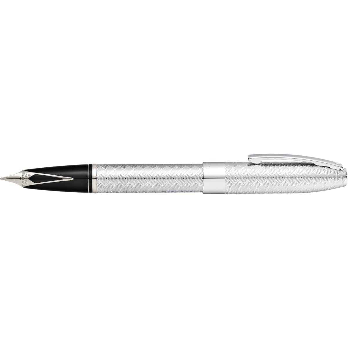 A pen featuring a chrome chevron pattern, with a black cap and silver accents, along with a logo.