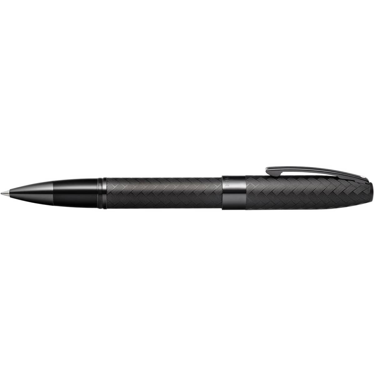 A black rollerball pen featuring a chevron pattern and a sleek design, with a metal clip and branding.