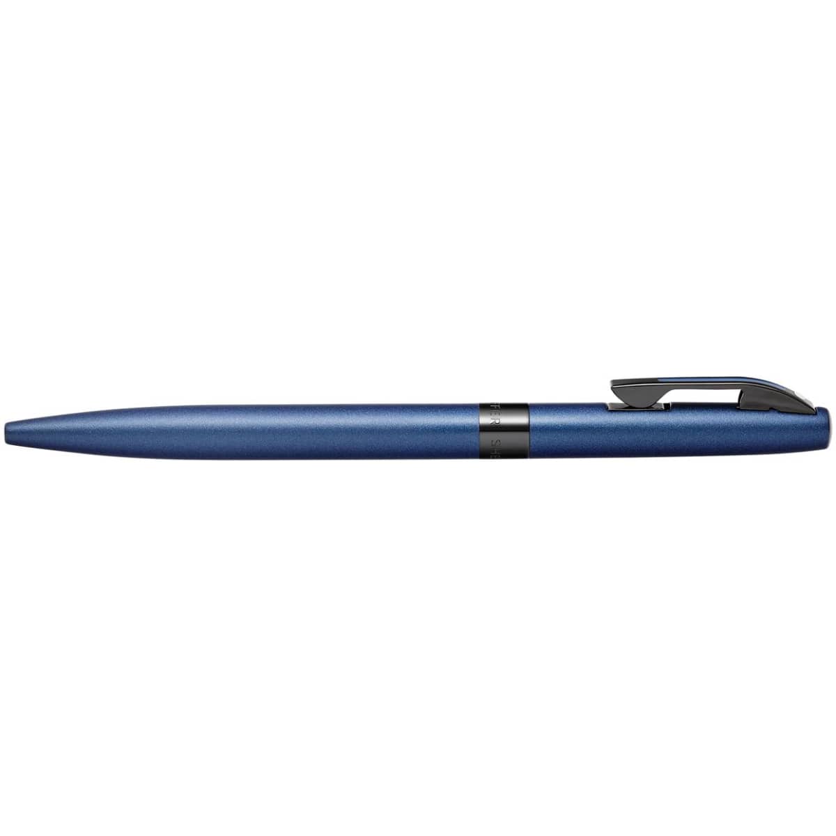 A ballpoint pen in matte blue with black trim, featuring a clip and a logo.