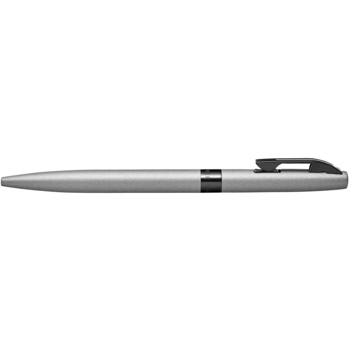 A ballpoint pen in matte grey with black trim and a branding logo.