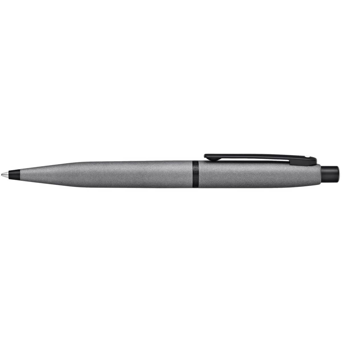 A ballpoint pen in gunmetal grey and black, featuring a sleek design and a clip. It has a branding logo on the barrel.