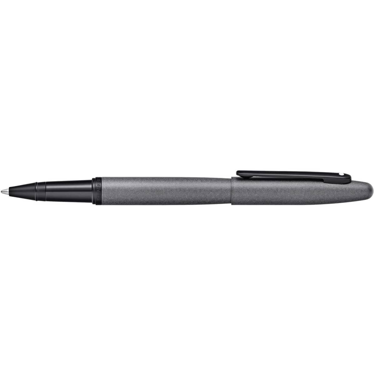 A pen in gunmetal grey with a black clip and nib, featuring a sleek, smooth design and branding.