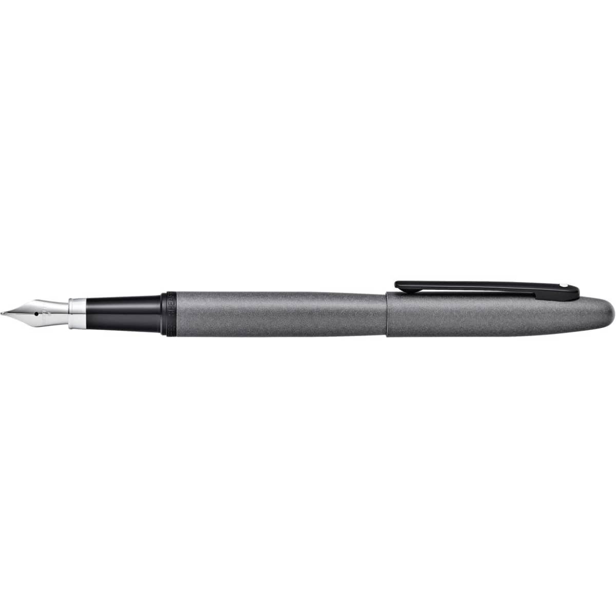 A fountain pen in gunmetal grey with a black clip and nib, featuring a logo on the side.