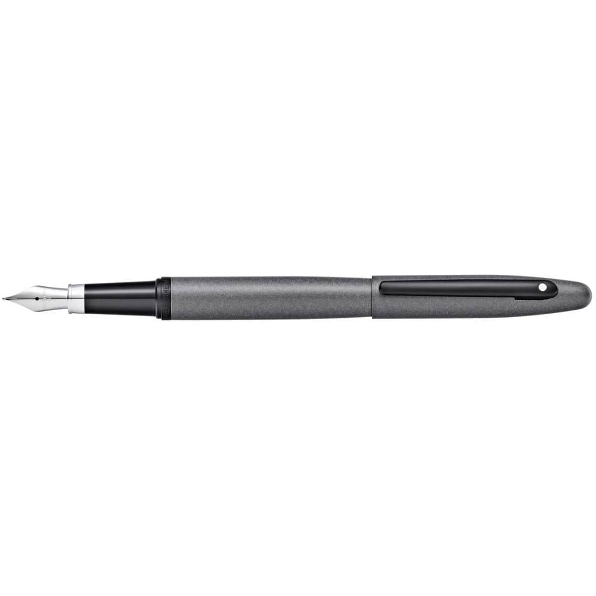 A fountain pen in gunmetal grey and black, featuring a sleek design and a silver nib. It has a logo on the body.