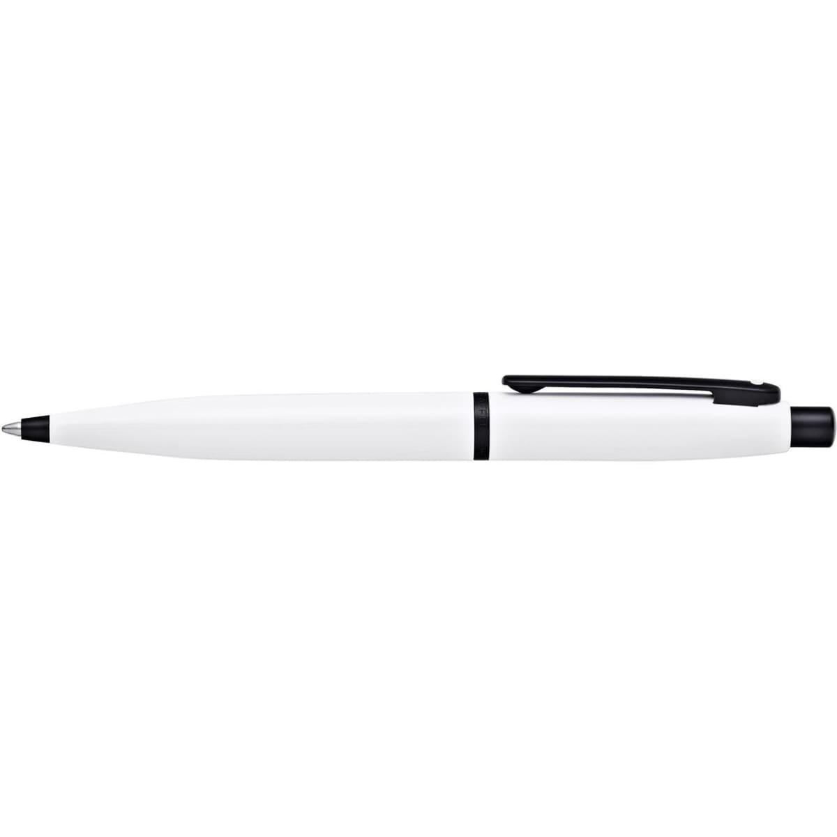 A white and black ballpoint pen featuring a sleek design and a branding logo.