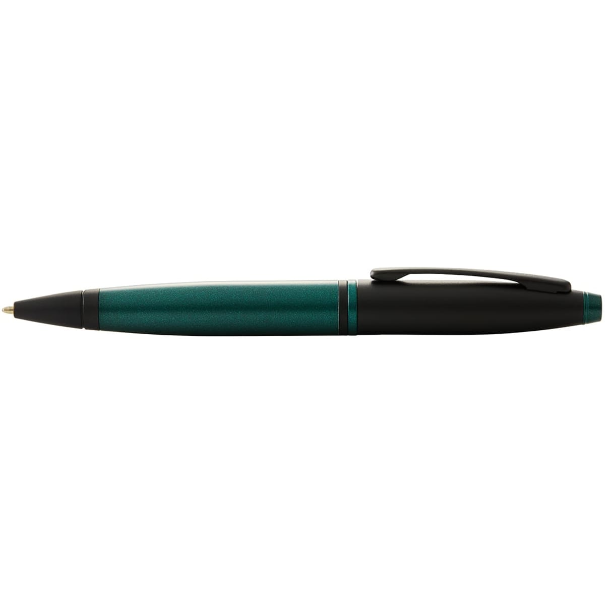 A pen in matt green and matt black lacquer finishes, featuring a sleek design and a clip. It has a logo.