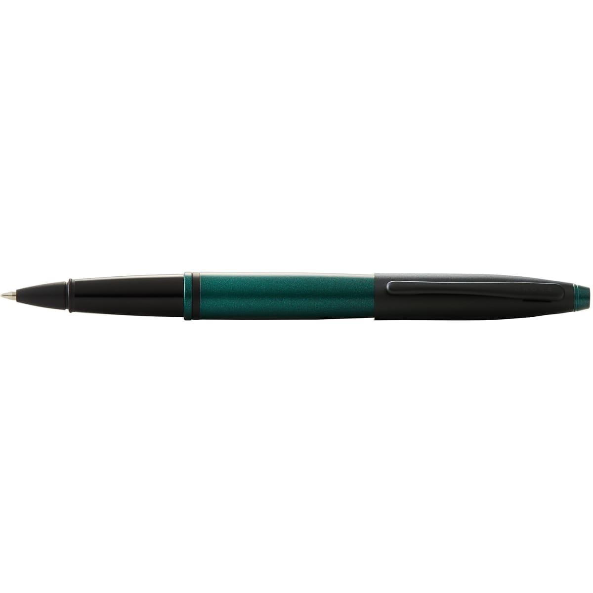A pen in matt green and matt black lacquer, featuring a sleek design and a branding logo.