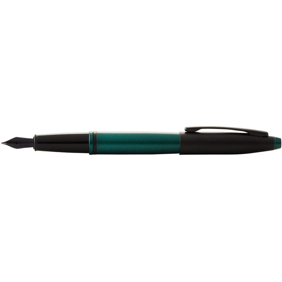 A fountain pen featuring a matt green barrel and matt black accents, with a sleek design and a clip.