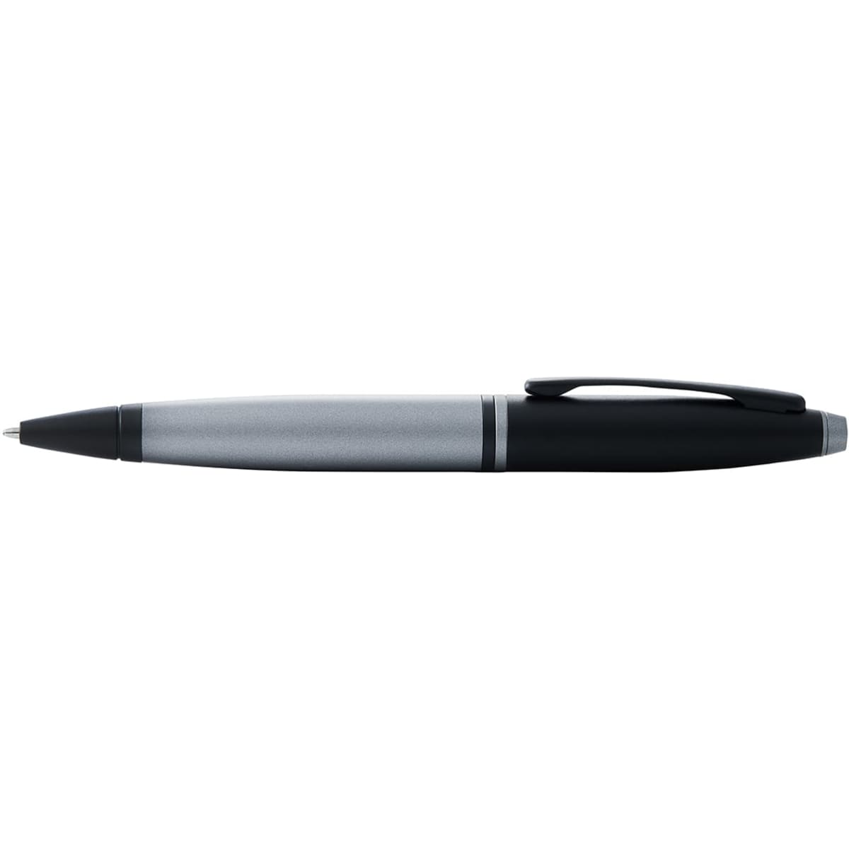 A ballpoint pen featuring a matte grey barrel and matte black trim, with a sleek design and clip.