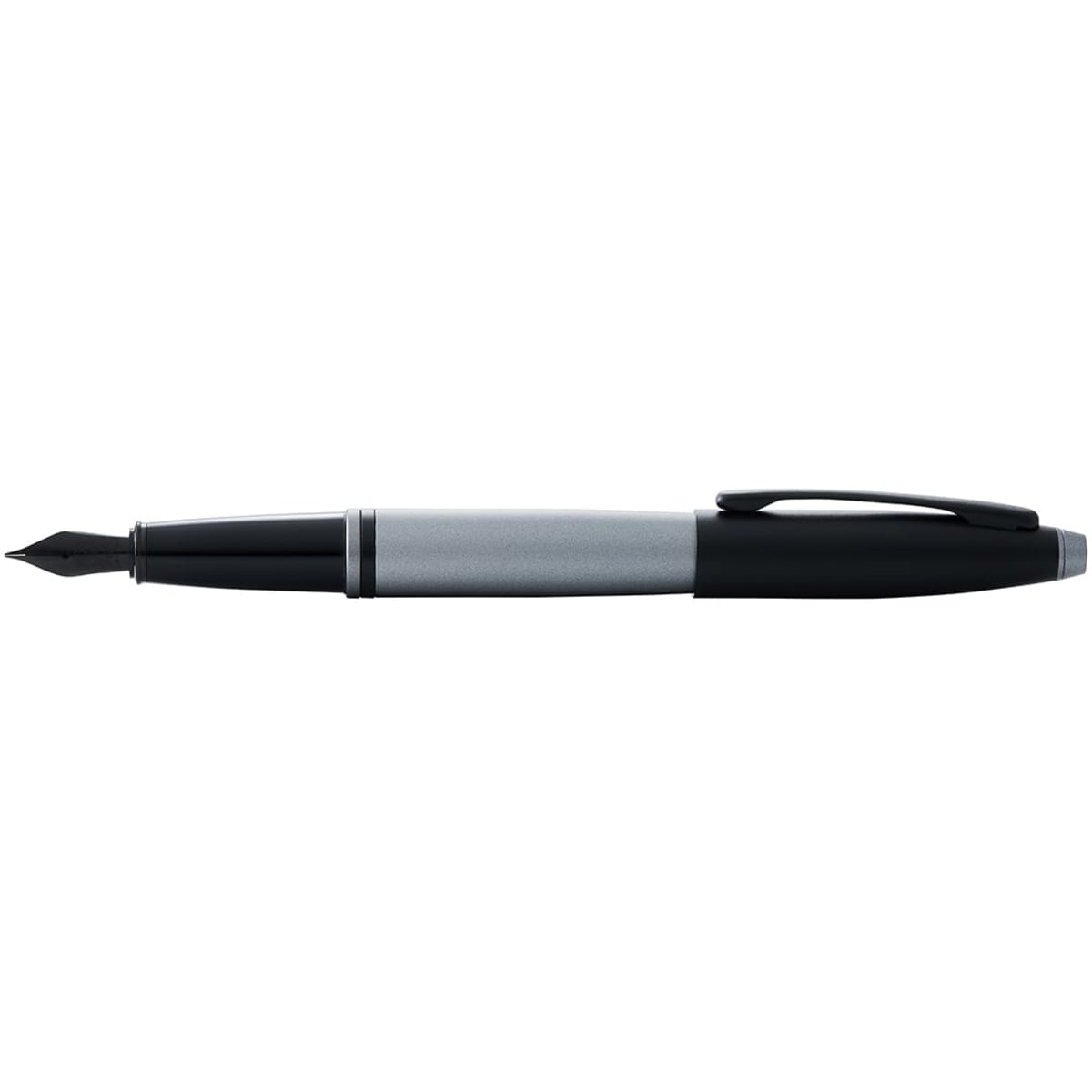 A fountain pen featuring a matt grey and matt black design with a clip and a nib at the end.