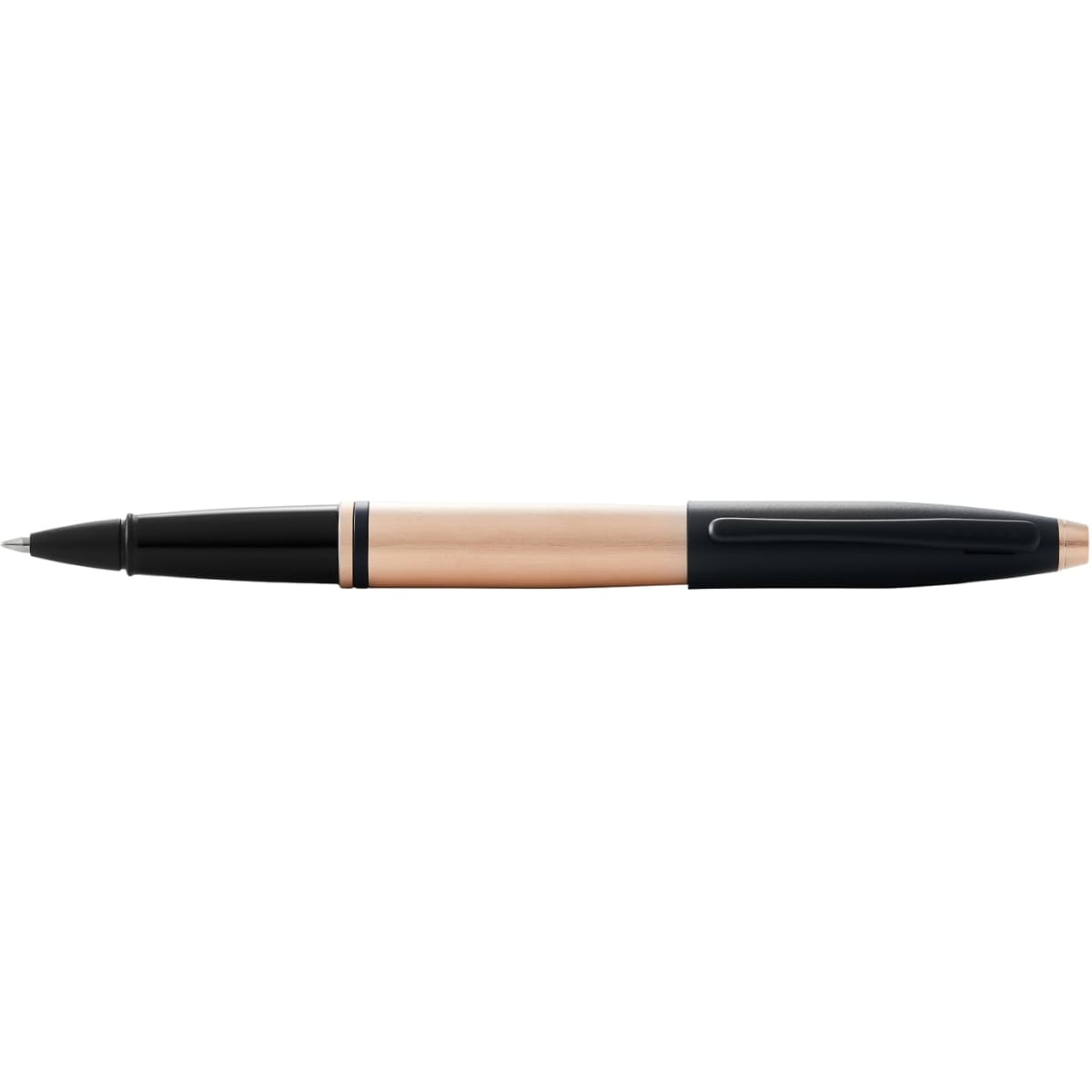 A pen featuring a brushed rose gold barrel and a matt black lacquer finish, with a branding logo present.