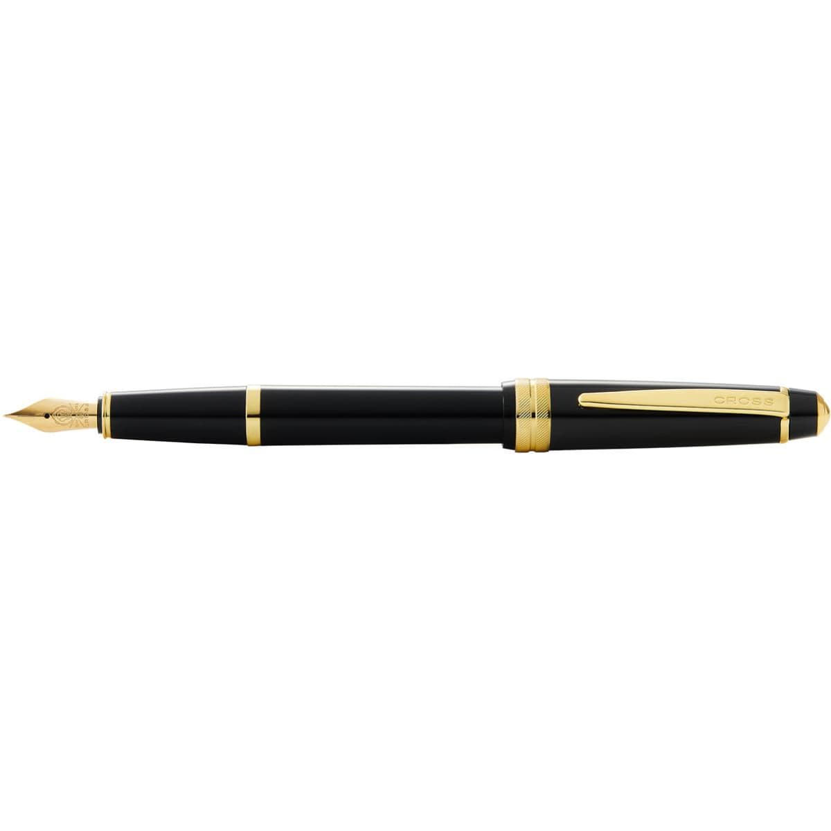 A fountain pen in glossy black with gold polished accents, featuring a classic design and a branding logo.