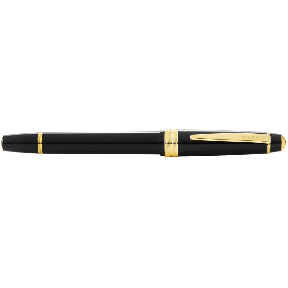A pen in glossy black with polished gold accents, featuring a branded logo.