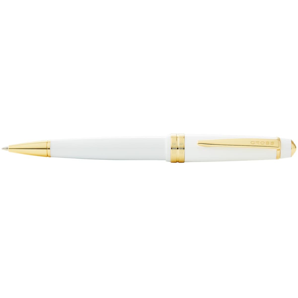 A pen in glossy white resin with polished gold accents and a branding logo.