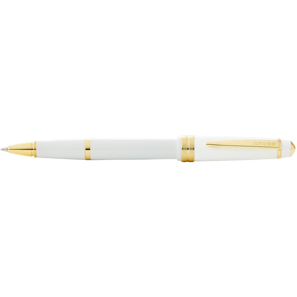 A pen in glossy white with gold accents, featuring a brand logo on the side.