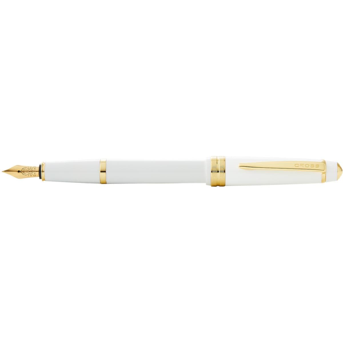 A fountain pen in glossy white resin with gold accents, featuring a nib and a clip. It has a logo.