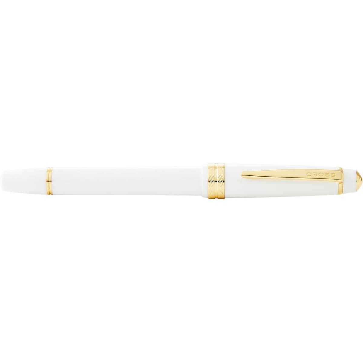 A pen featuring a glossy white barrel with gold polished accents and a branding logo.