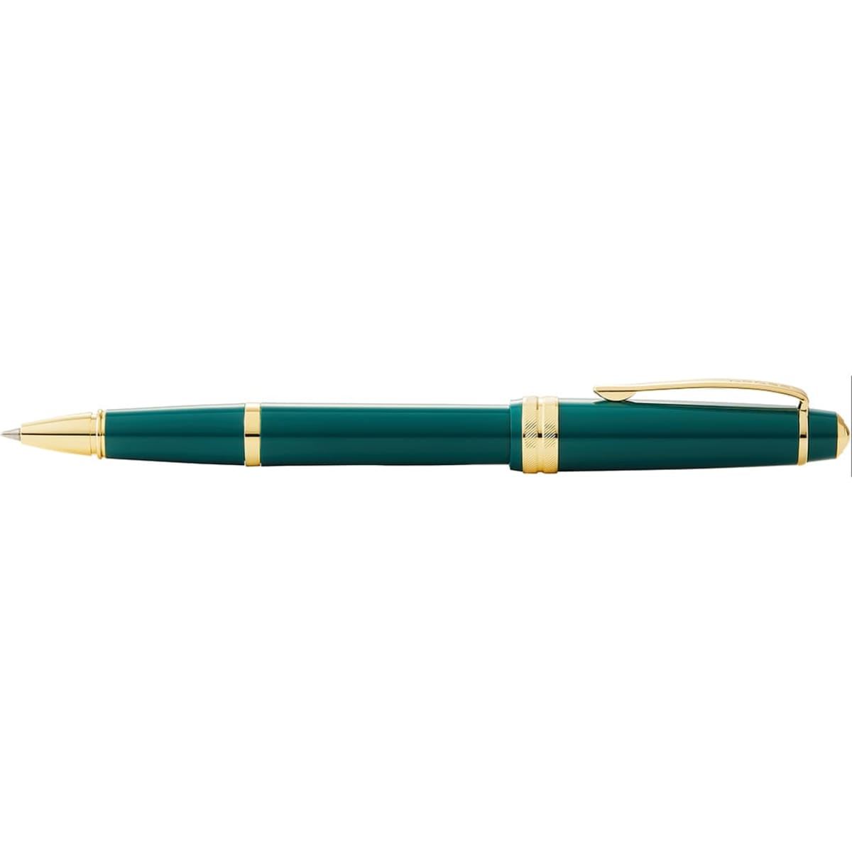 A pen in gloss green with polished gold accents and a logo. It features a classic design with a sleek finish.