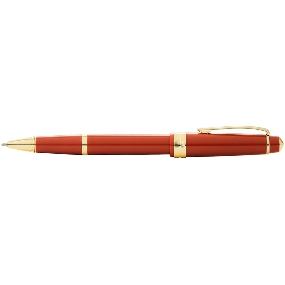 A pen in burnt orange with gold polished accents and a clip, featuring a logo on the barrel.