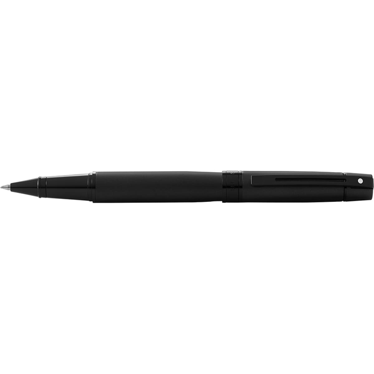 A black ballpoint pen with a sleek matte finish and a clip, featuring branding.
