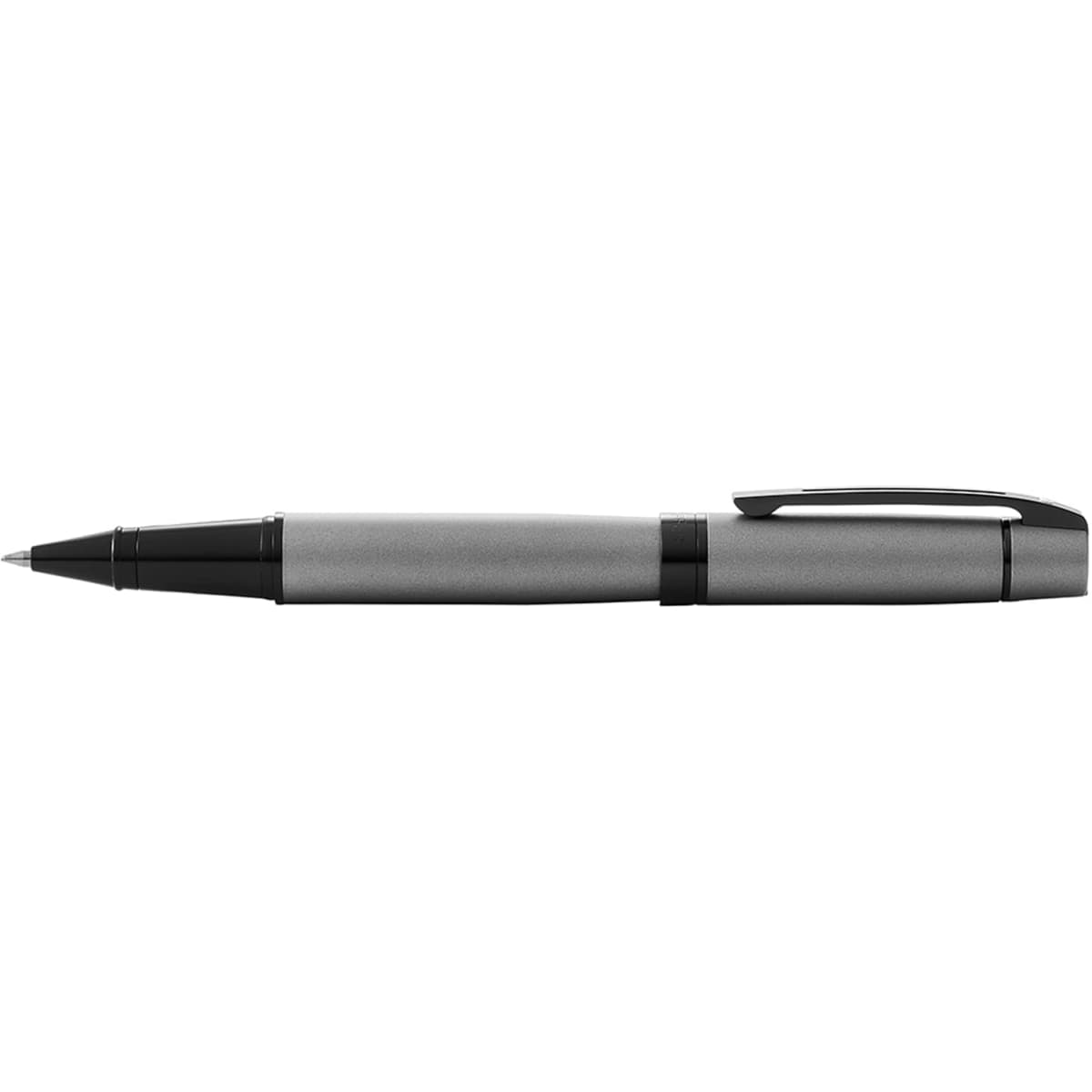 A pen in matt grey with black accents, featuring a sleek design and a clip. It has a branding logo.