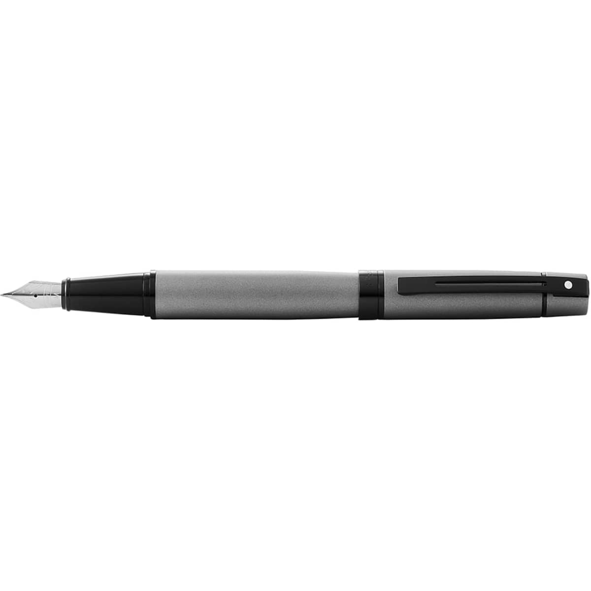 A grey and black fountain pen with a sleek design and a branding logo.