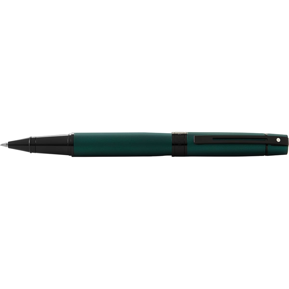 A rollerball pen in matt green and black, featuring a sleek design and a clip. The pen has a logo on it.