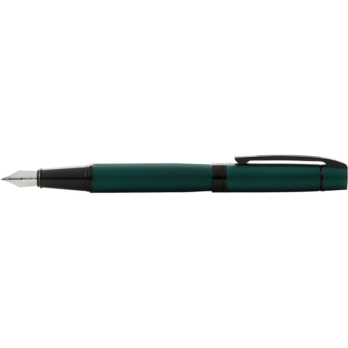 A fountain pen in matt green with black accents, featuring a clip and a nib. It has branding visible on the body.