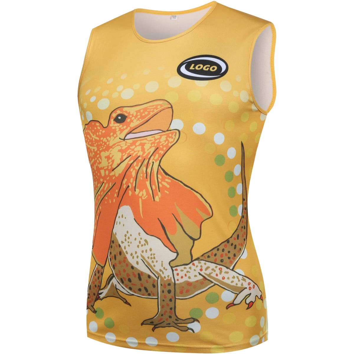 A yellow singlet featuring a colourful lizard design and a logo.