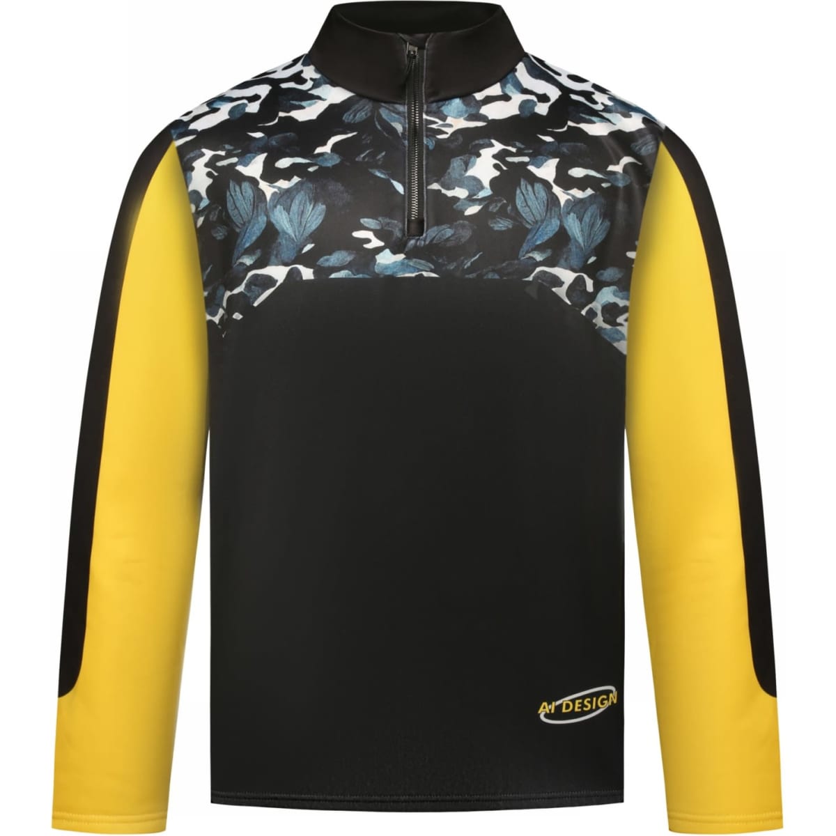 A pullover jumper featuring a floral camo pattern in black, with yellow sleeves and a half zip design.