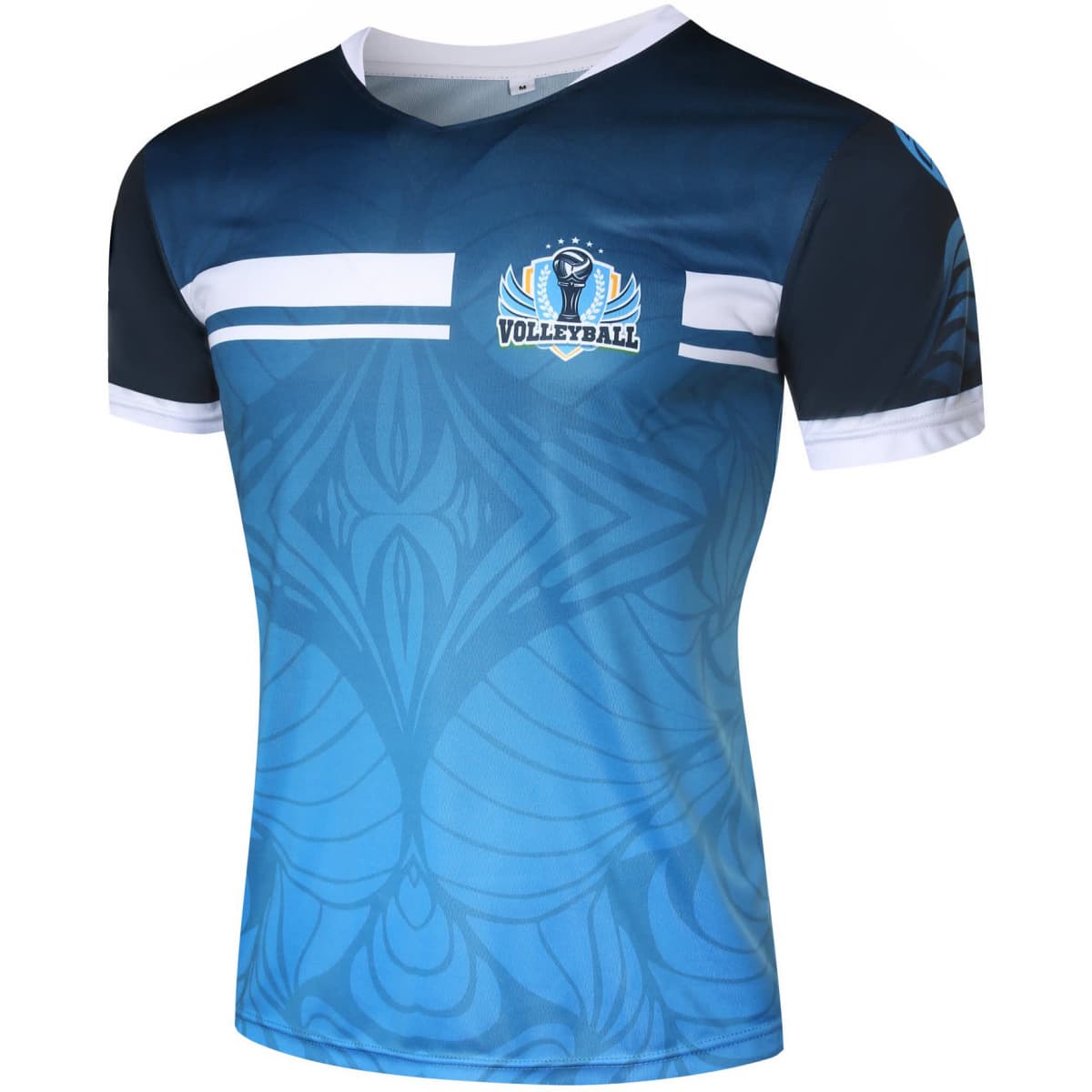 A blue volleyball uniform men's T-shirt featuring a graphic design and a logo on the chest.