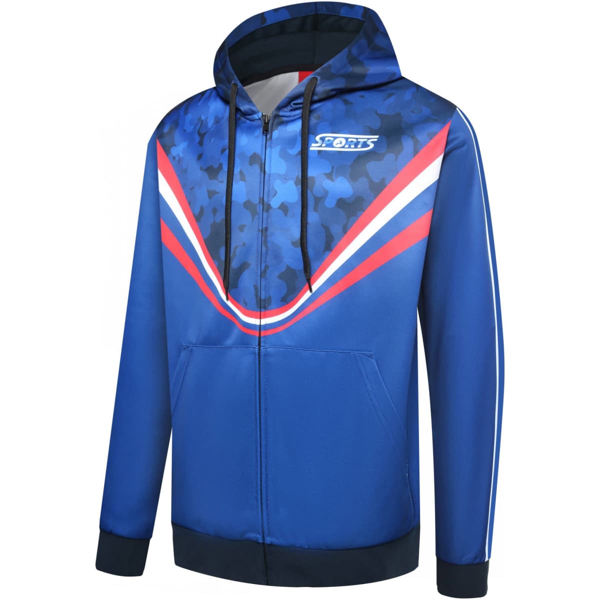 A blue hoodie with a camouflage pattern and a red and white design, featuring a logo on the front.